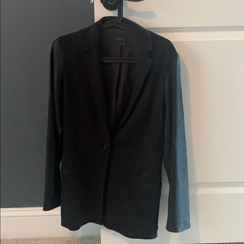 Theory black blazer with leather sleeves.